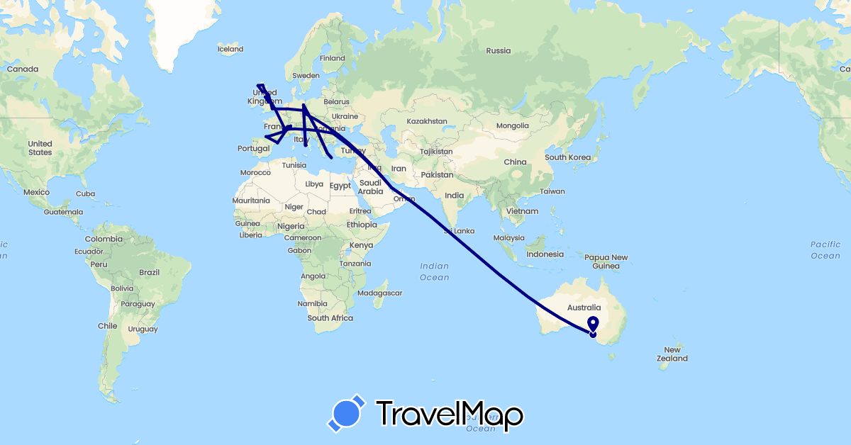 TravelMap itinerary: driving in Australia, Switzerland, Czech Republic, Germany, Spain, France, United Kingdom, Greece, Italy, Qatar, Romania (Asia, Europe, Oceania)